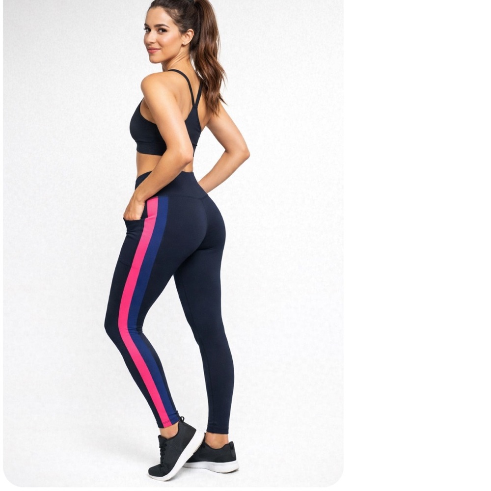 Reebok Leggings LUX High Rise Navy Blue Colorblock Pocket Leggings Tights Large